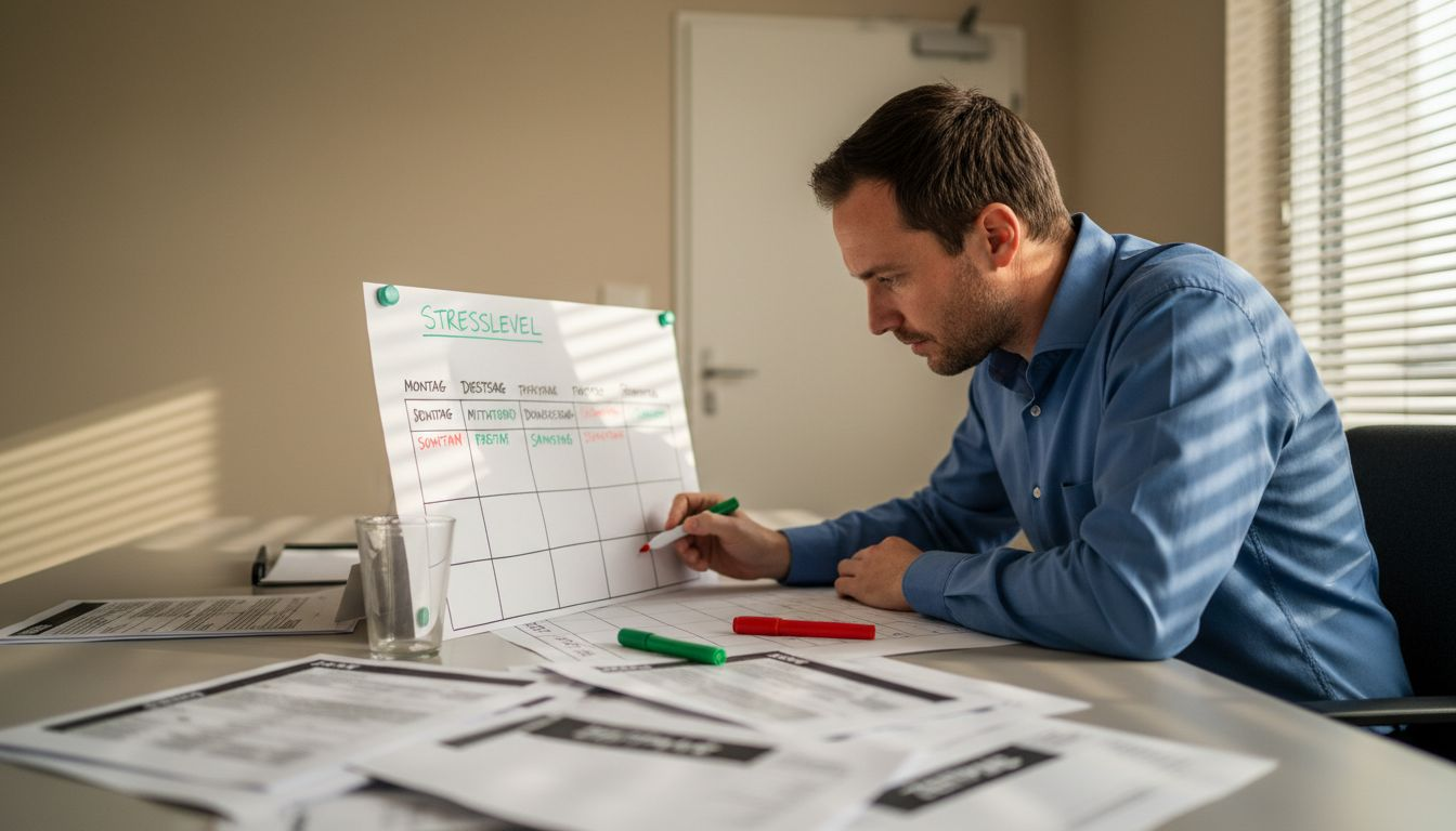 Ein Mann sitzt an einem chaotischen Schreibtisch und erstellt eine Übersicht, wie sich Stress verteilt.
