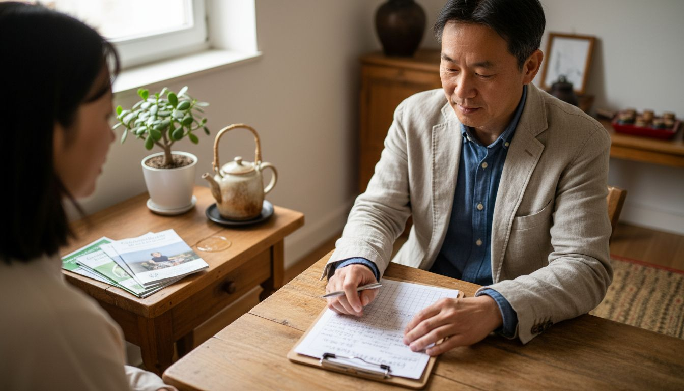 Ein TCM-Therapeut im Gespräch mit einem Patienten