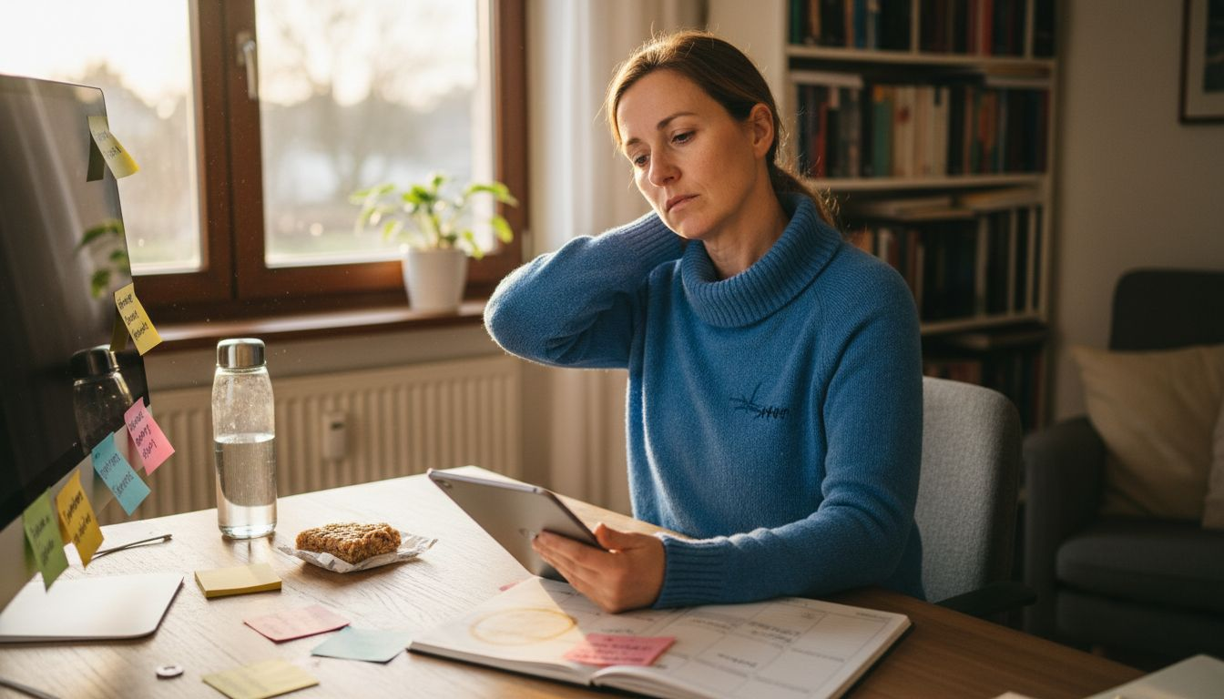 Eine Frau bemerkt am Schreibtisch erste Anzeichen von Stress.