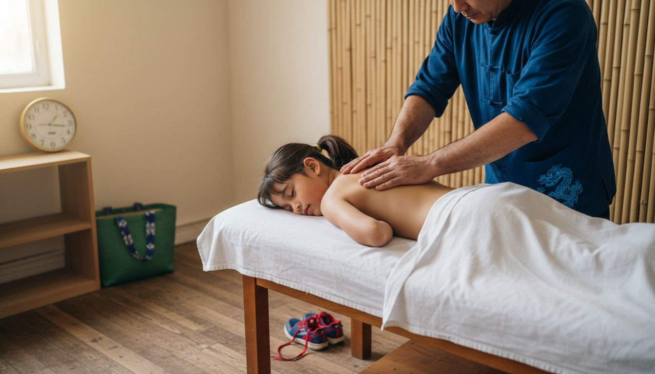 Eine Therapeutin behandelt ein junges Mädchen mit einer Tuina-Massage.