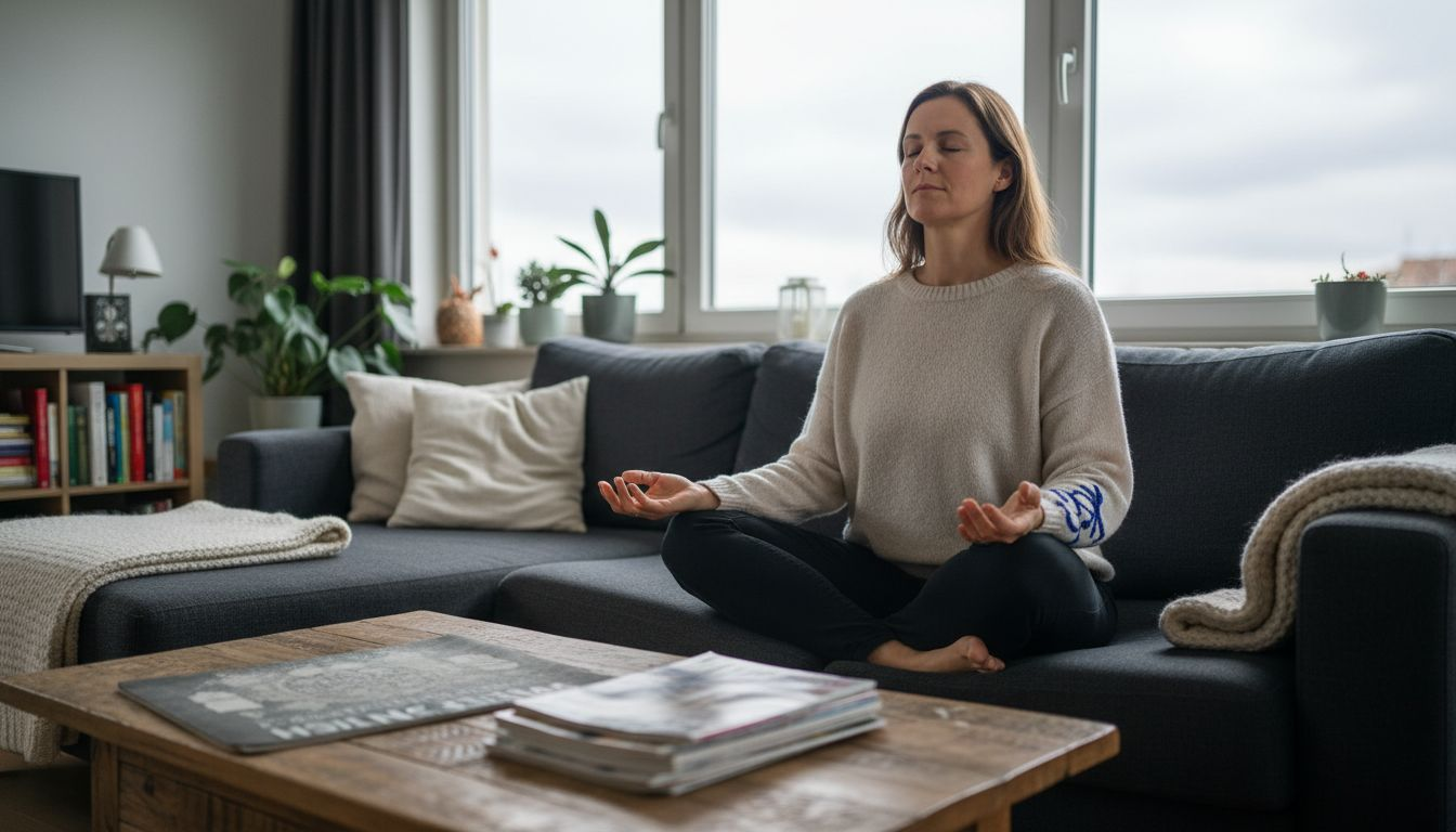 Eine Frau sitzt entspannt auf dem Sofa und übt bewusstes Atmen.