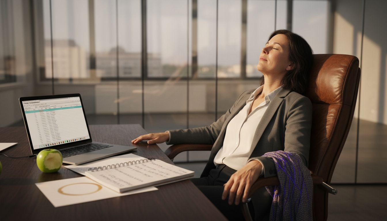 Ein Manager nimmt sich am Schreibtisch bewusst eine kurze Auszeit, um neue Energie zu tanken und Stress abzubauen.