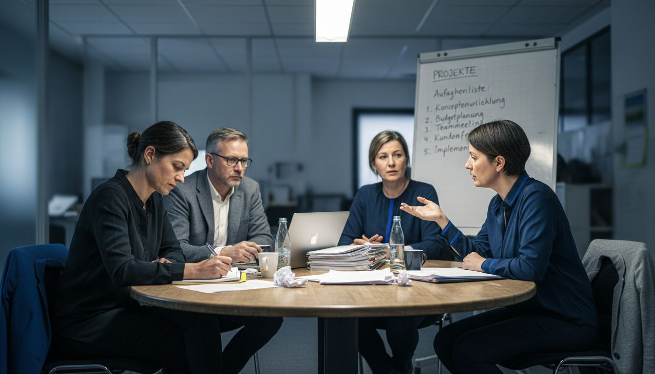 Das Team tauscht sich am Besprechungstisch darüber aus, wie man mit Stress im Arbeitsalltag besser umgehen kann.