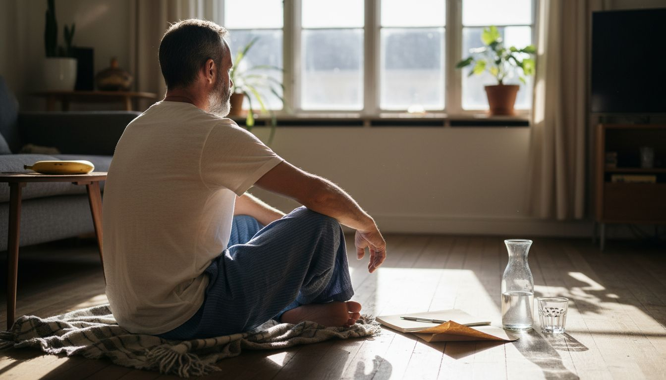 Ein Mann sitzt im Wohnzimmer auf dem Boden und meditiert.