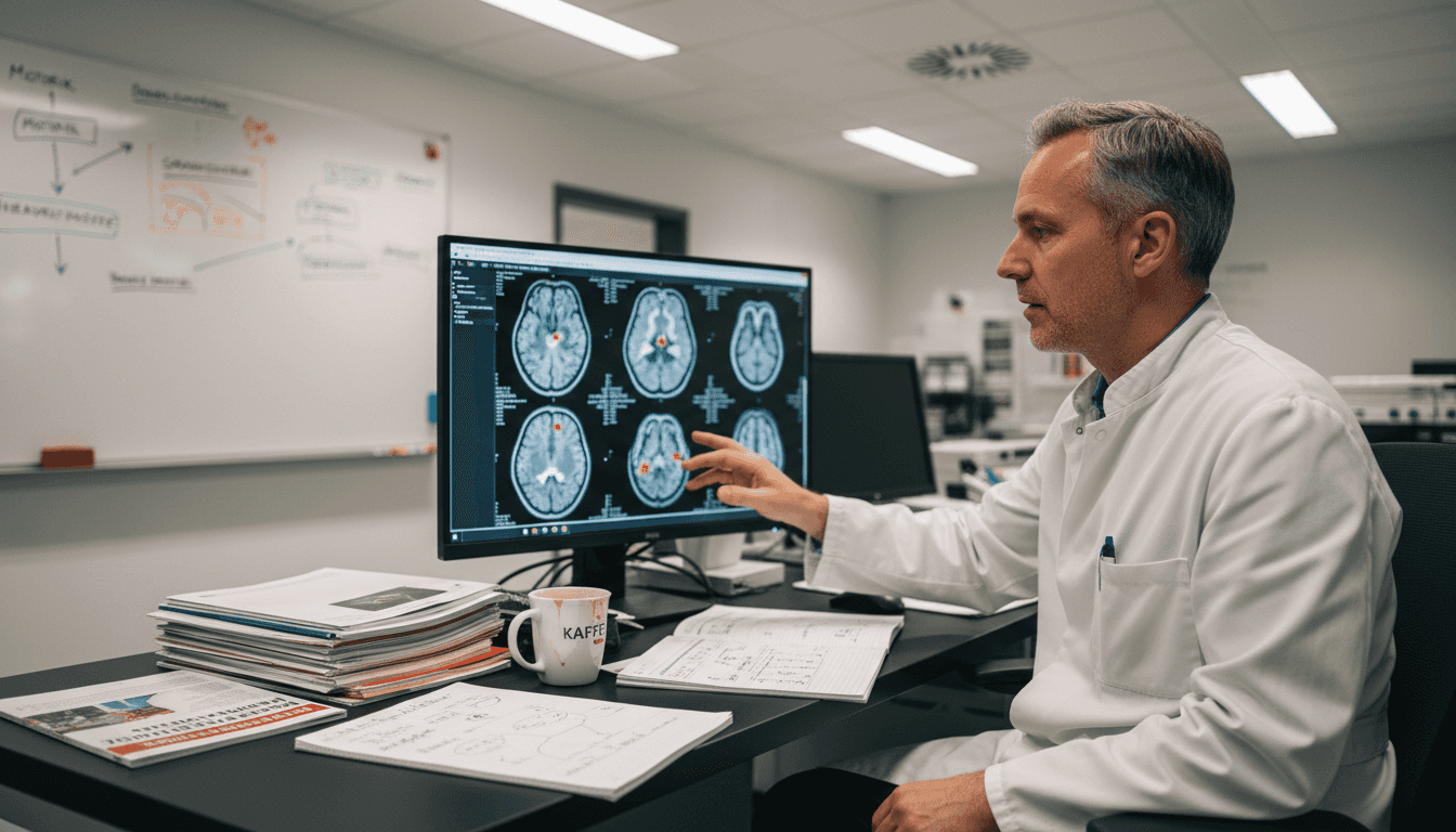 Ein Neurologe begutachtet Aufnahmen des Gehirns, die während einer Hypnose entstanden sind.