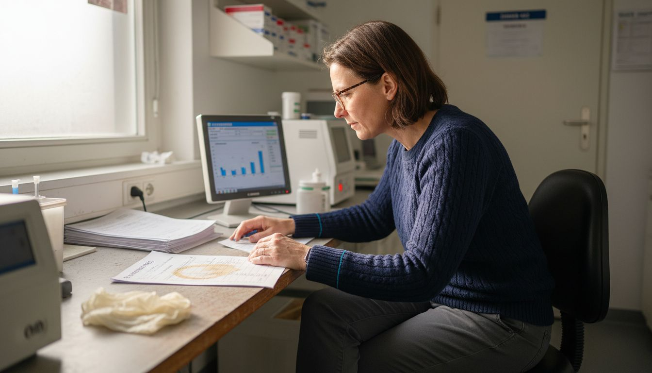 Ein Wissenschaftler betrachtet aufmerksam die Ergebnisse einer Blutuntersuchung.