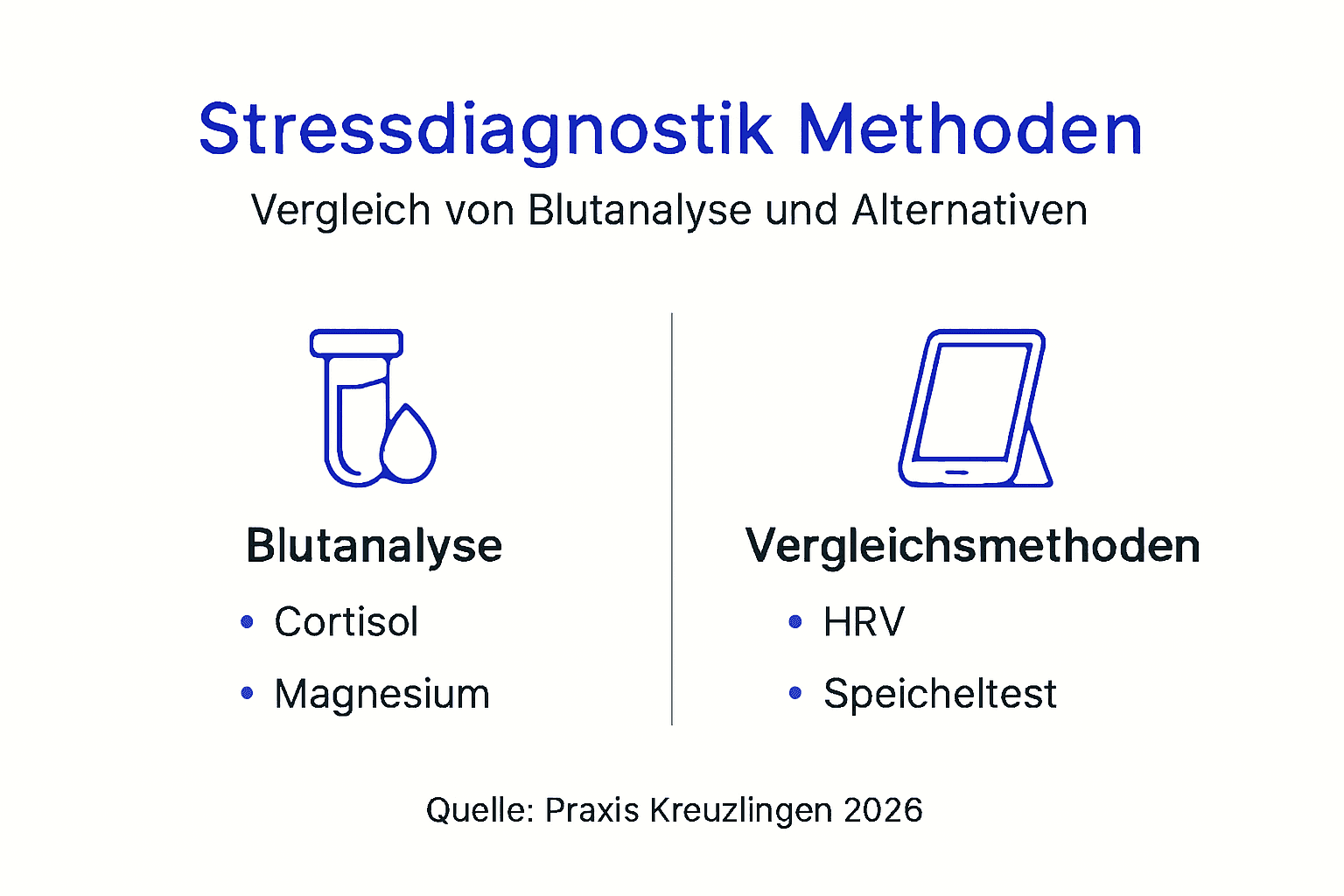 Die Infografik zeigt einen Überblick über verschiedene Methoden zur Diagnose von Stress und stellt deren Unterschiede heraus.