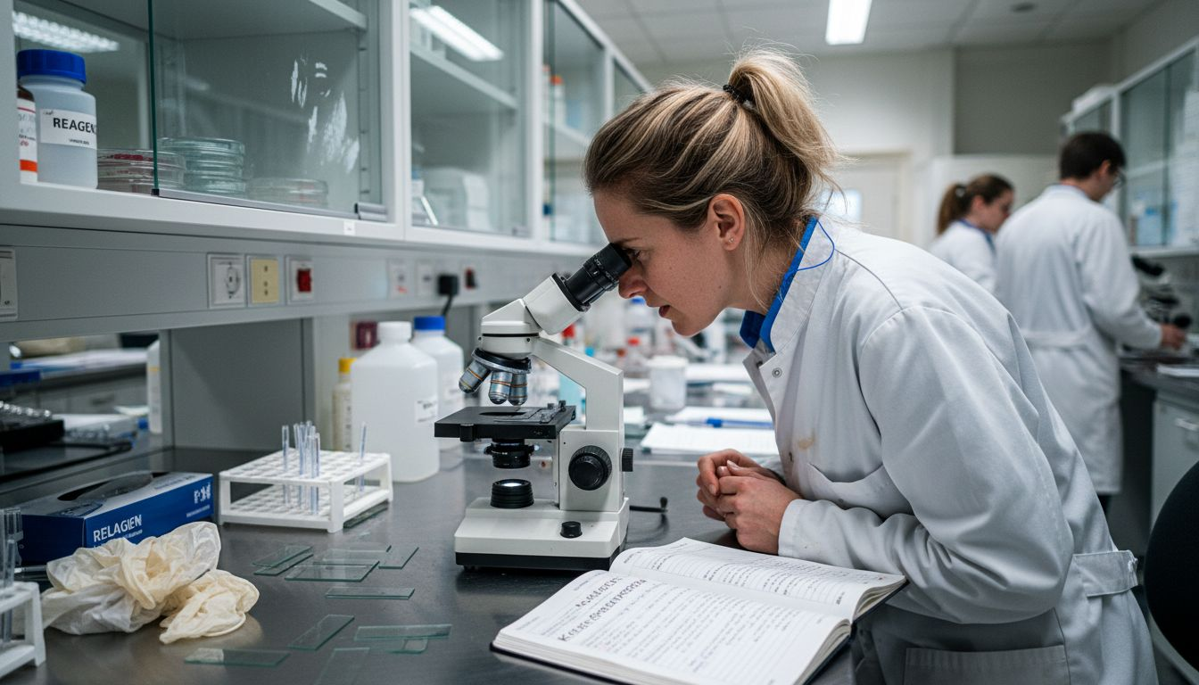Eine Labortechnikerin untersucht Immunzellen unter dem Mikroskop.