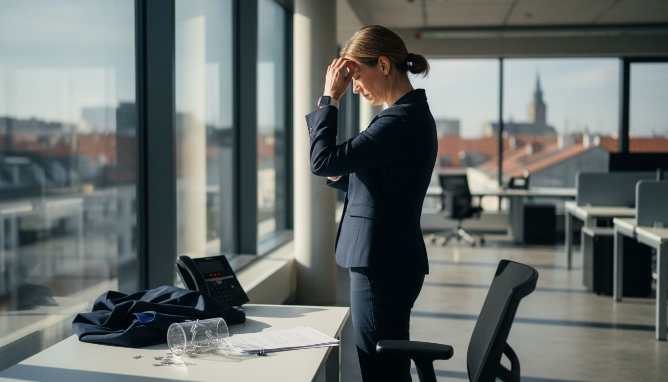 Ein gestresster Manager blickt besorgt auf seine Smartwatch, die seinen erhöhten Puls anzeigt.