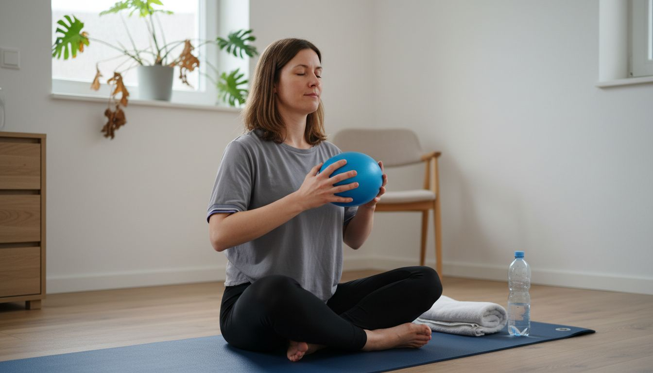 Eine Frau genießt eine entspannende Auszeit in einem gemütlichen Therapieraum.