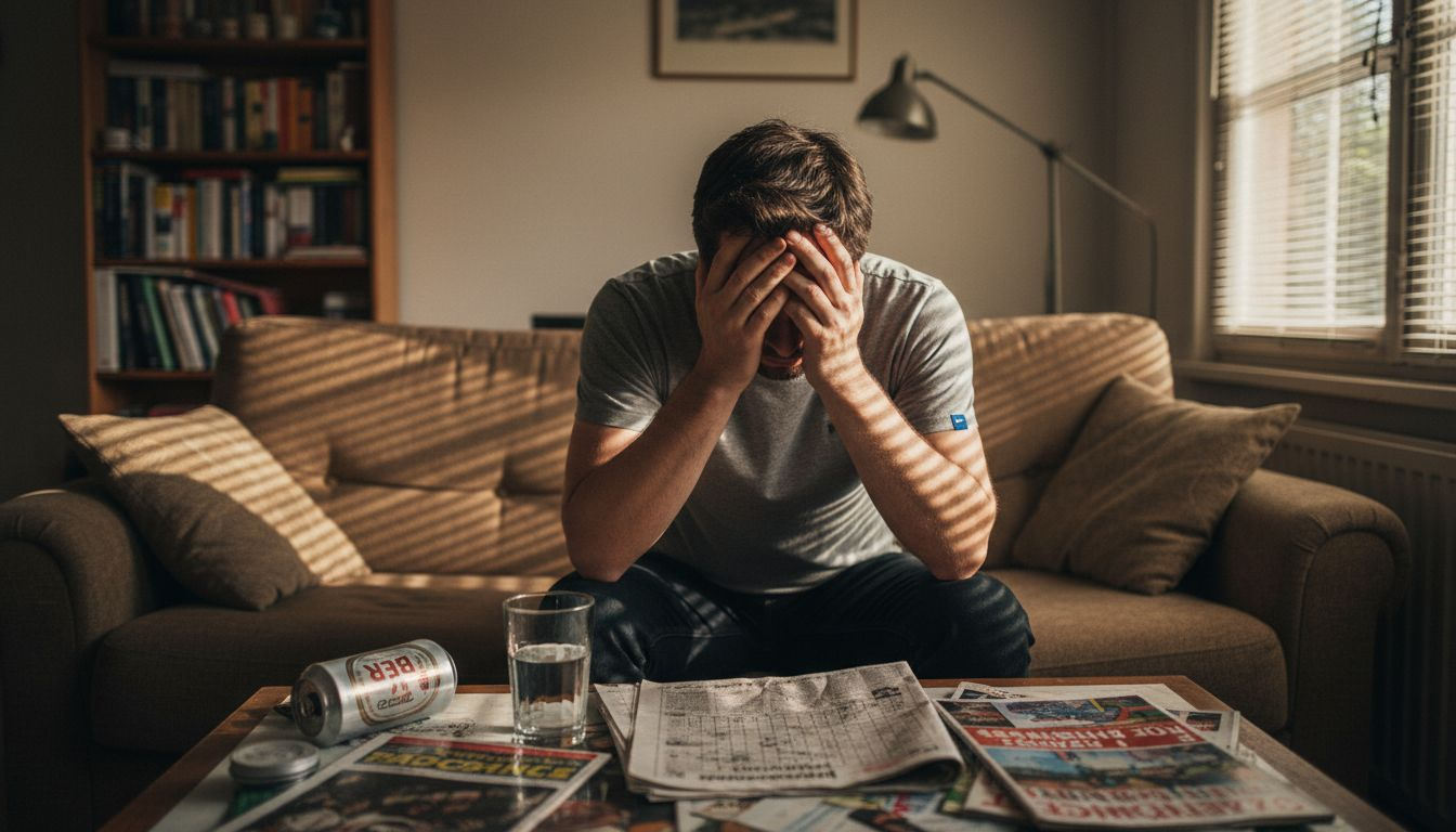 Ein Mann fühlt sich zu Hause emotional aus dem Gleichgewicht.