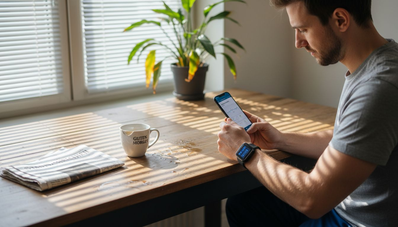 Ein Mann überprüft seine Herzfrequenz mit einem Fitness-Armband, während er in der Küche steht.