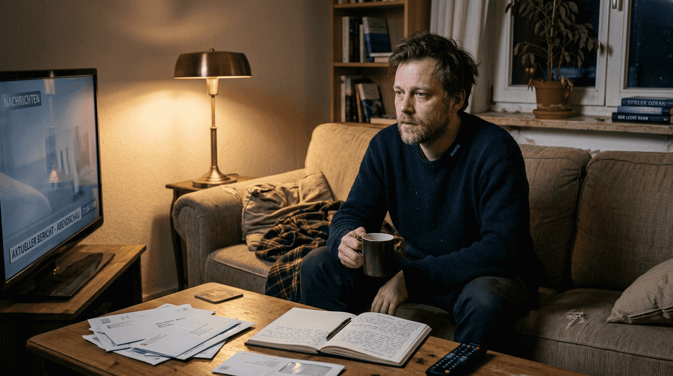 Ein Mann sitzt gestresst und allein im Wohnzimmer.