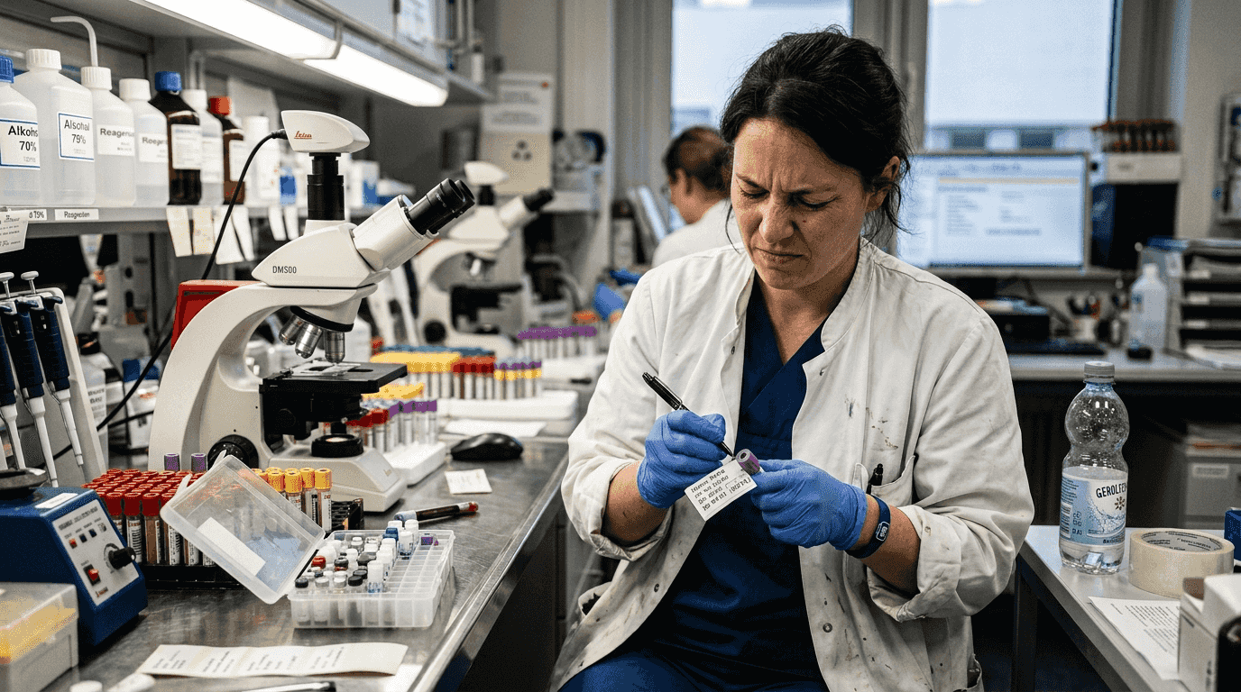 Eine Labormitarbeiterin beschriftet ein Röhrchen mit einer Blutprobe.