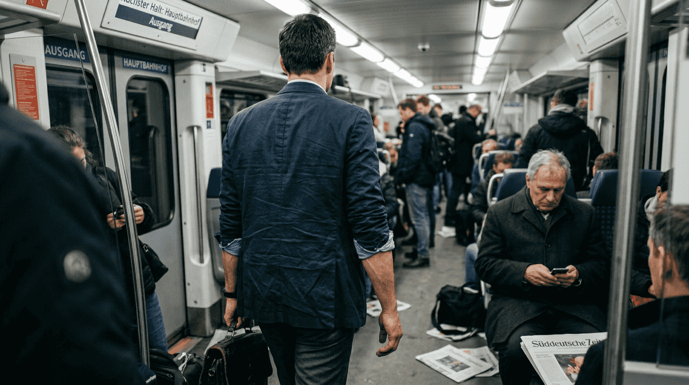 Ein Mann mit Fitness-Armband unterwegs in der U-Bahn.