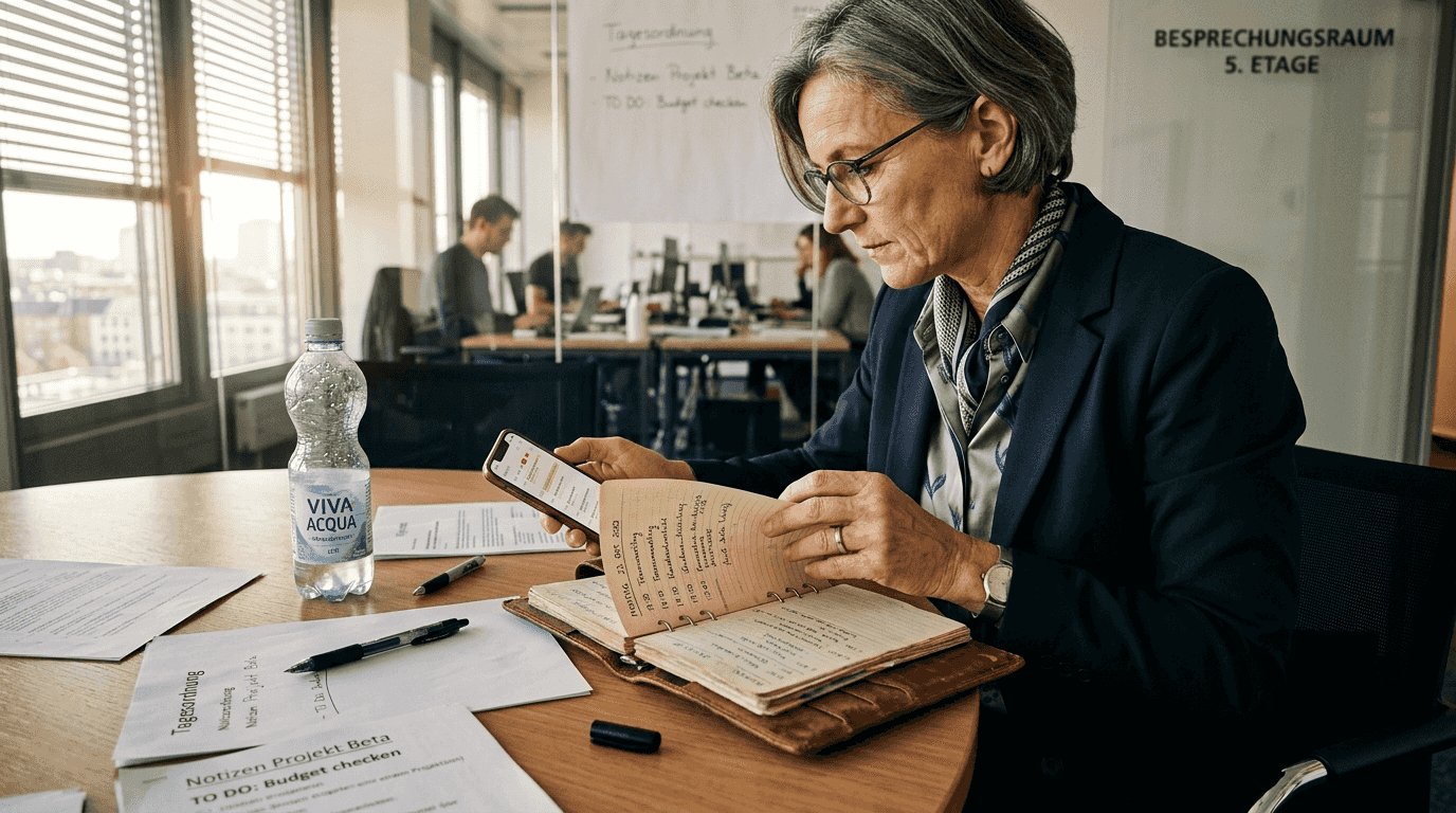 Ein Manager jongliert mehrere Aufgaben gleichzeitig am Konferenztisch.