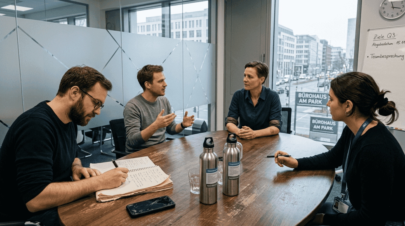 Das Team trifft sich zu einer gemeinsamen Reflexionsrunde mit der Führungskraft.