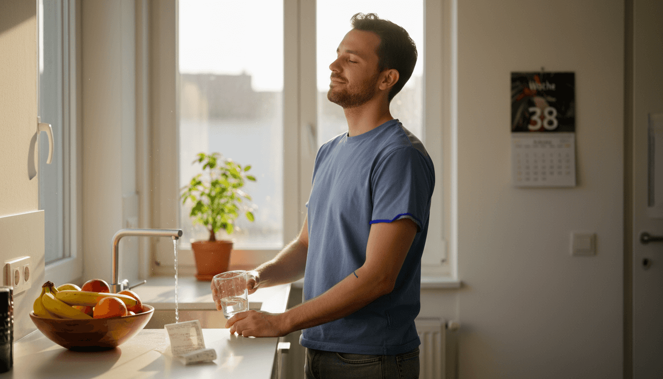 Ein Mann legt in der Küche eine kurze Pause ein, um durchzuatmen und neue Kraft zu schöpfen.