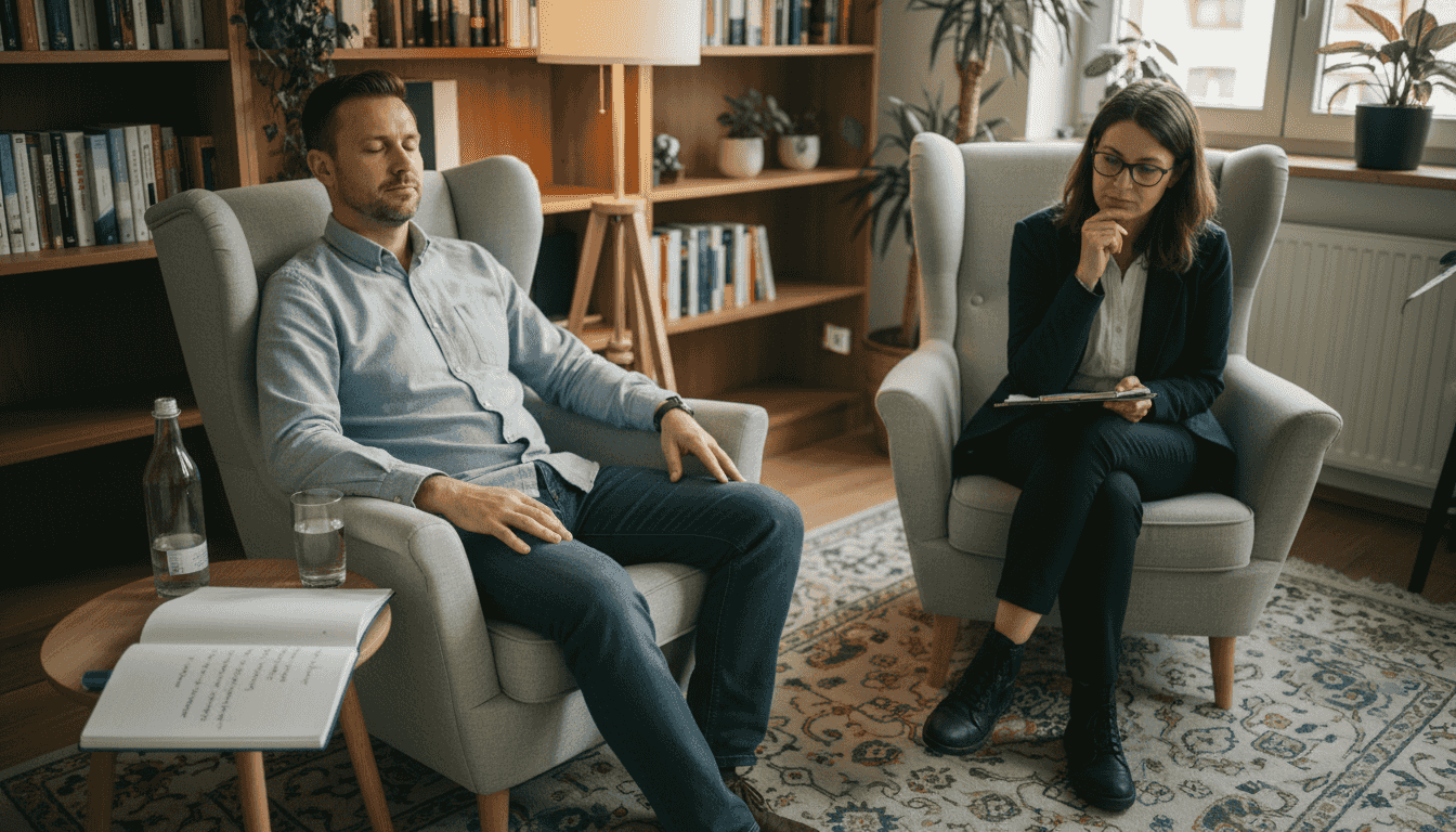 Ein Mann kommt entspannt in die Praxis und bereitet sich auf seine Hypnosesitzung vor.