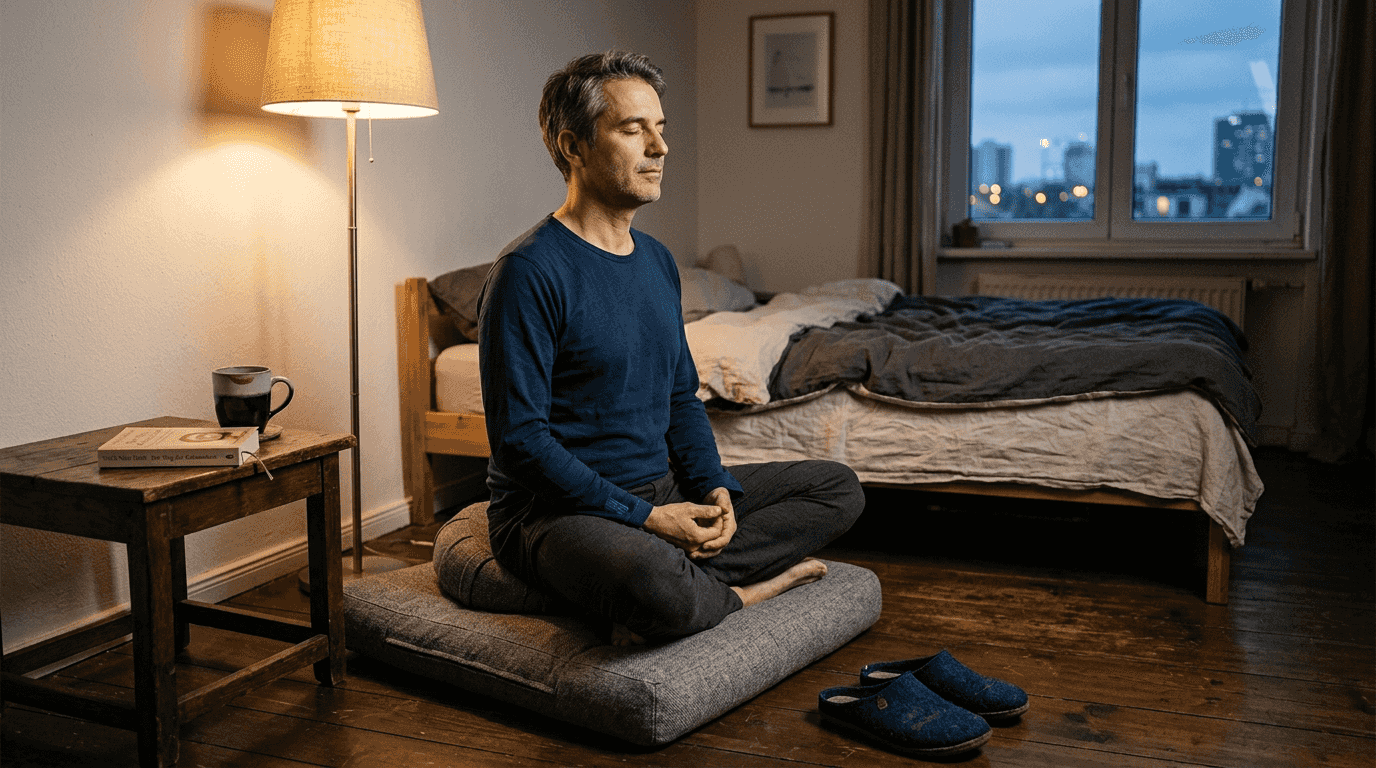 Ein Mann sitzt mit aufrechter Haltung im Schlafzimmer und meditiert.