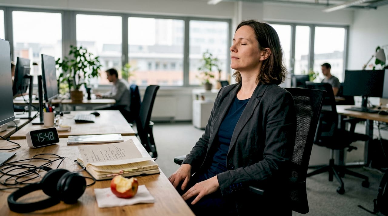 Eine Frau wendet am Arbeitsplatz gezielte Atemübungen an, um Stress abzubauen und neue Energie zu tanken.