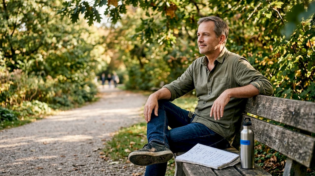 Ein Mann sitzt entspannt auf einer Parkbank und genießt achtsam den Moment.
