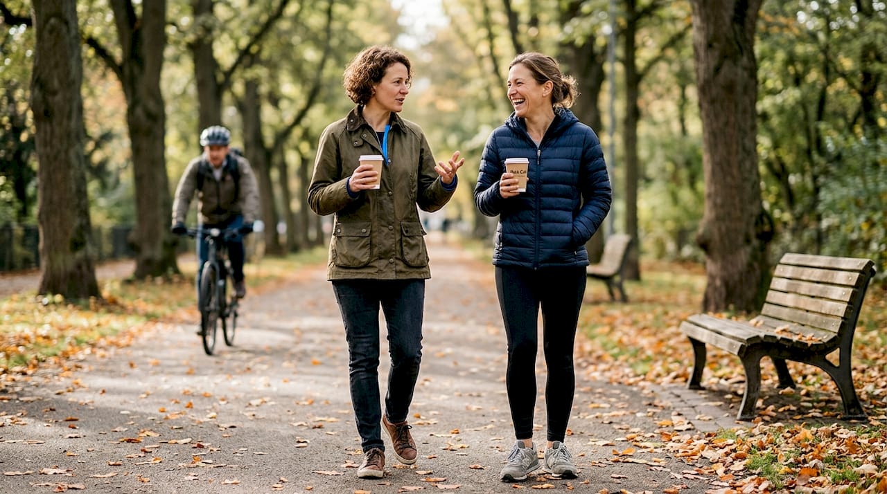 Im Park sitzen Freunde zusammen, tauschen sich aus und stehen sich gegenseitig bei. Zwischen Gesprächen und gemeinsamen Lachen unterstützen sie sich in allen Lebenslagen.