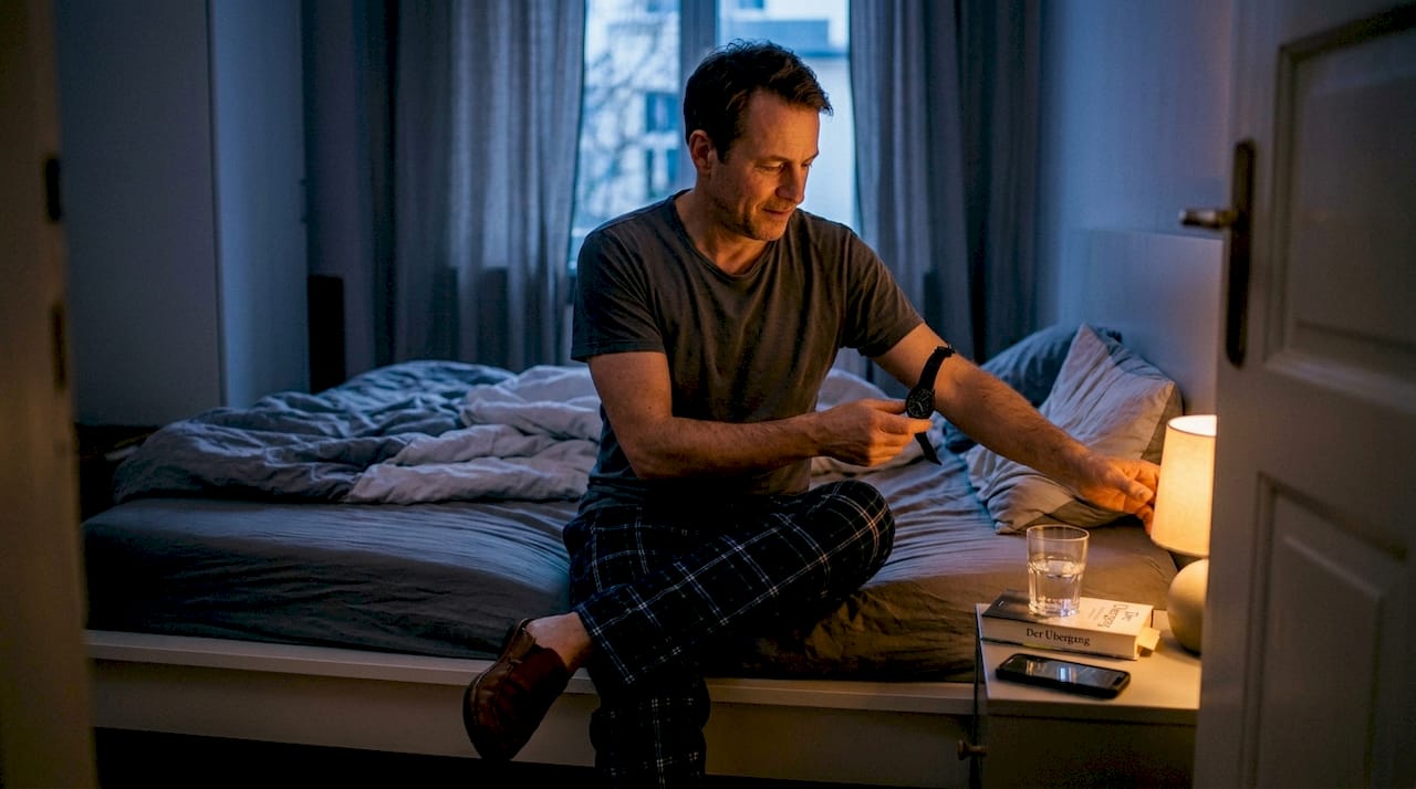 Ein Mann macht sich im Schlafzimmer bettfertig und bereitet sich auf eine erholsame Nacht vor.