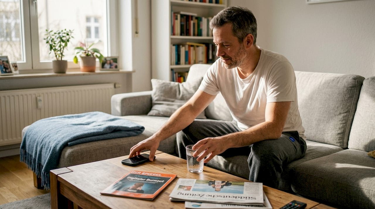 Ein Mann hält die Fernbedienung und stoppt das laufende Programm im Wohnzimmer.