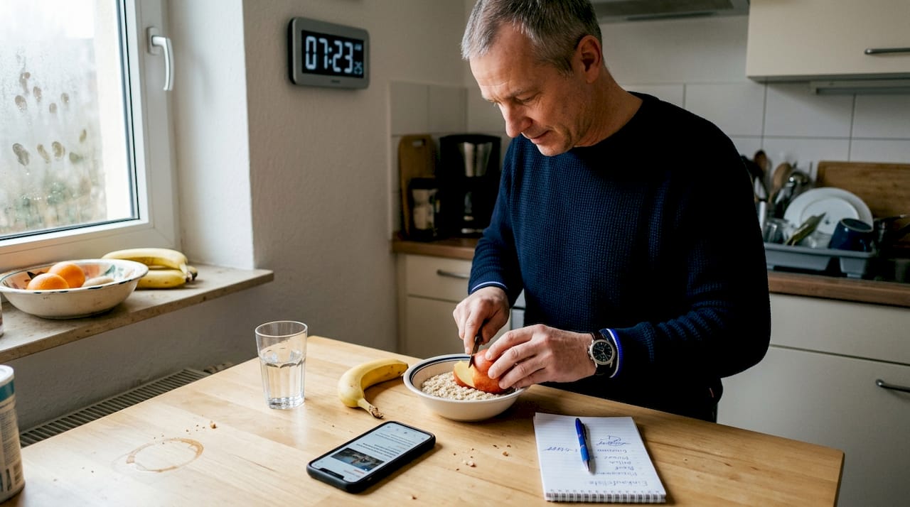 Ein Mann bereitet in seiner Küche ein gesundes Frühstück zu.