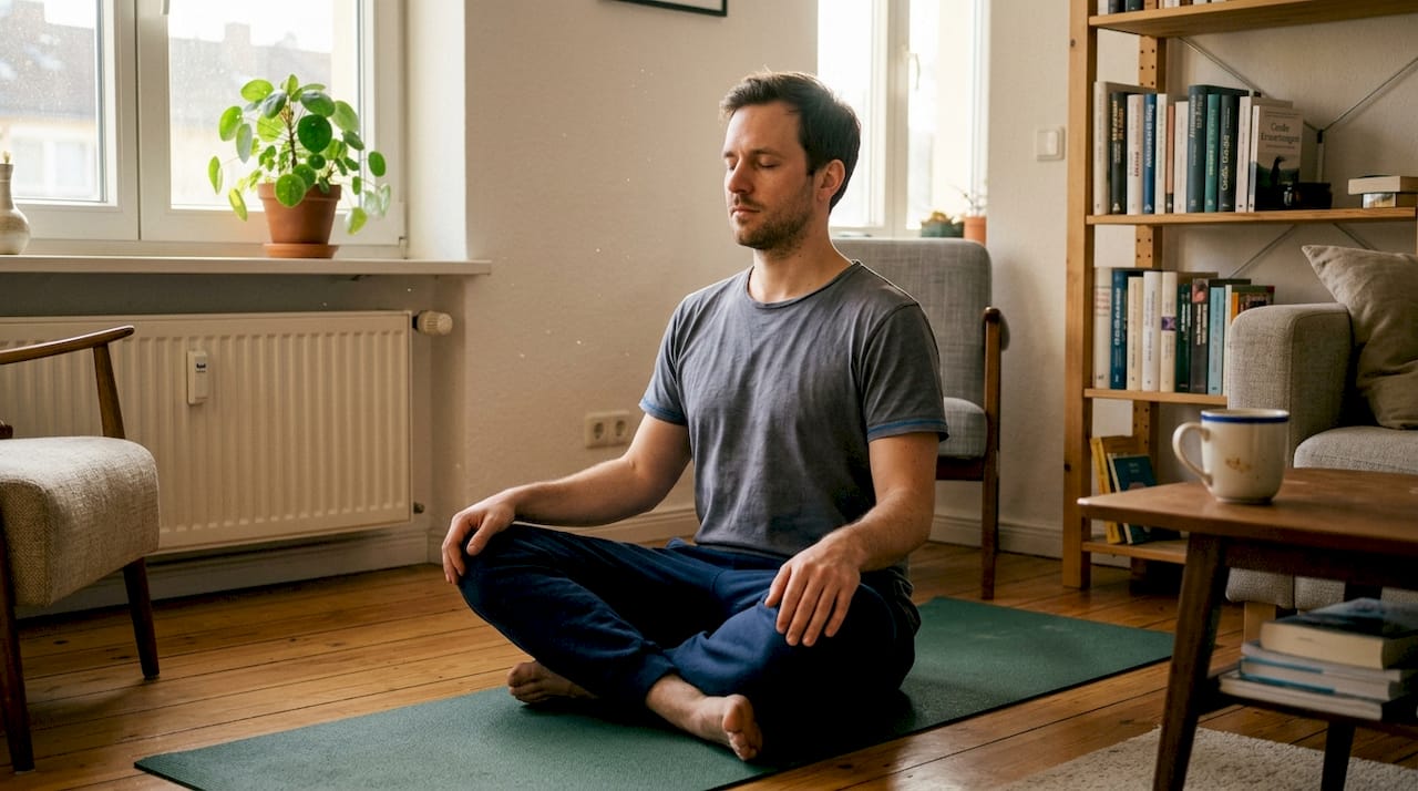 Ein Mann sitzt entspannt im Wohnzimmer und meditiert.