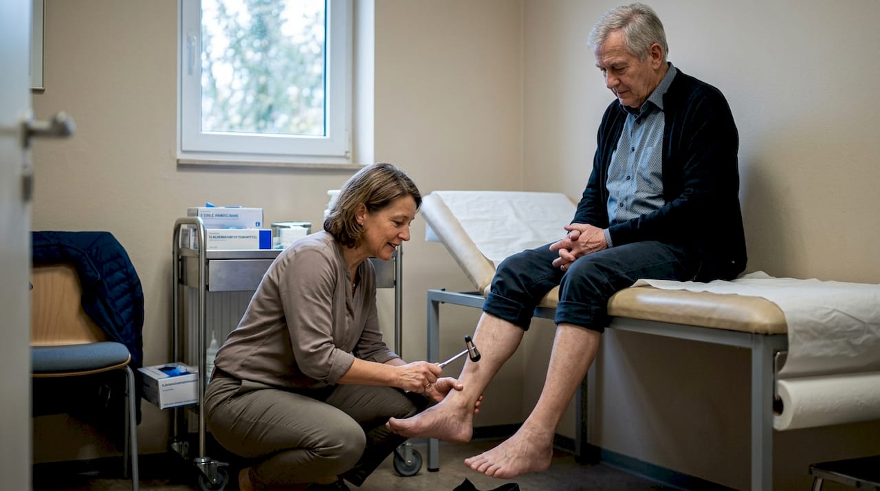 Der Arzt untersucht den Fußreflex bei einem älteren Patienten.