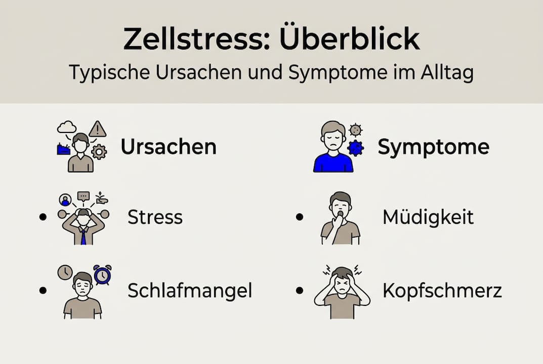 Die Infografik veranschaulicht, wodurch Zellstress entsteht und welche Anzeichen darauf hindeuten.
