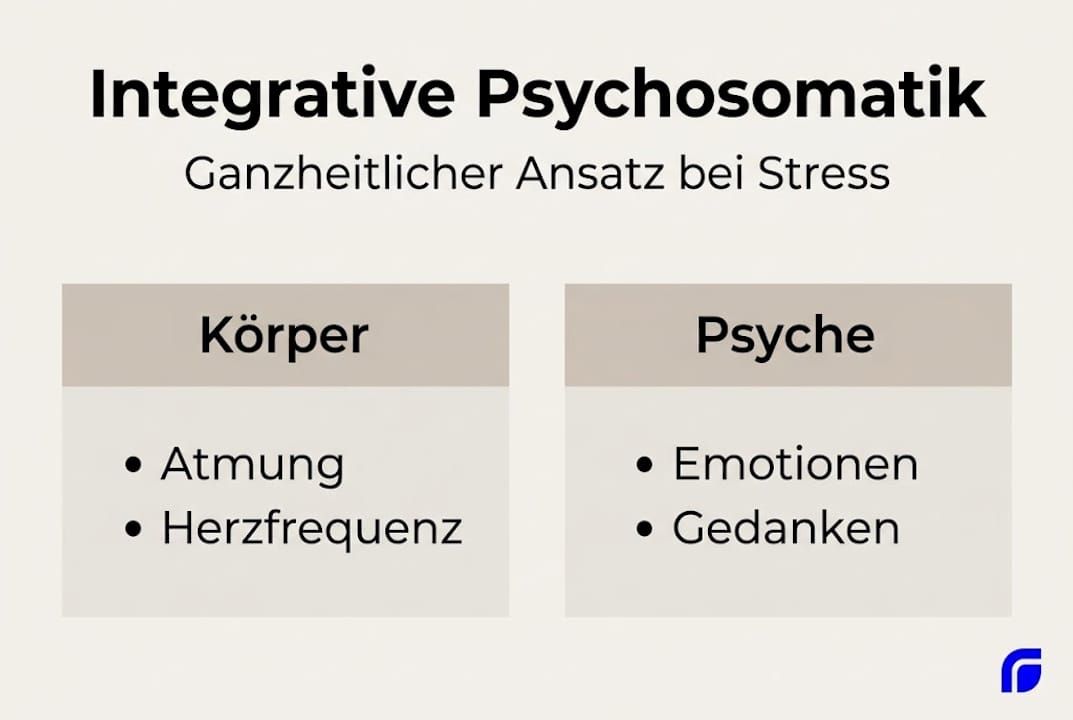 Infografik: Ganzheitlicher Überblick zur integrativen Psychosomatik – Zusammenspiel von Körper und Seele