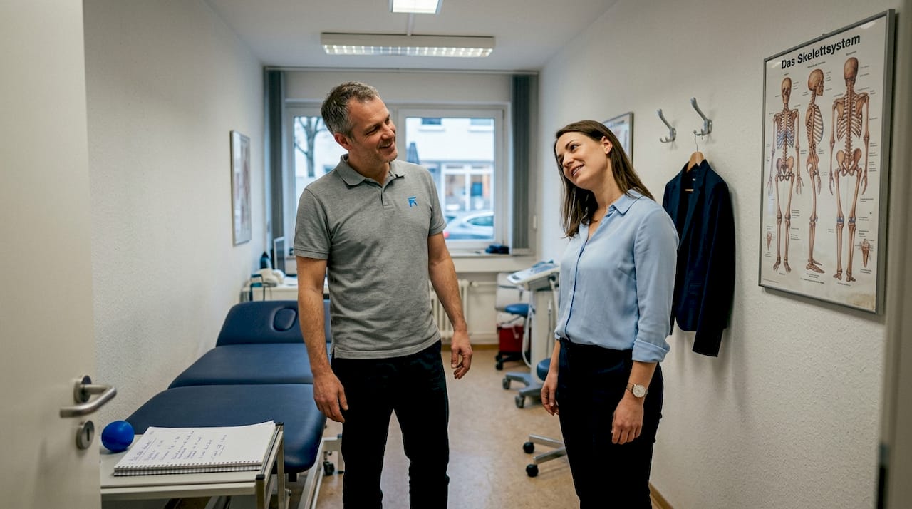 Ein Physiotherapeut zeigt gezielte Übungen zur Stressbewältigung.