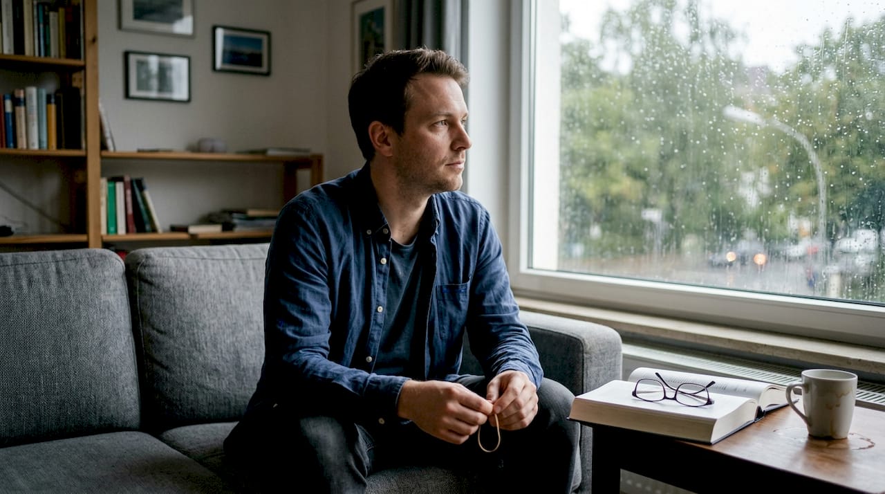 Ein Mann sitzt entspannt auf dem Sofa im Wohnzimmer und lässt gedankenverloren den Tag Revue passieren.