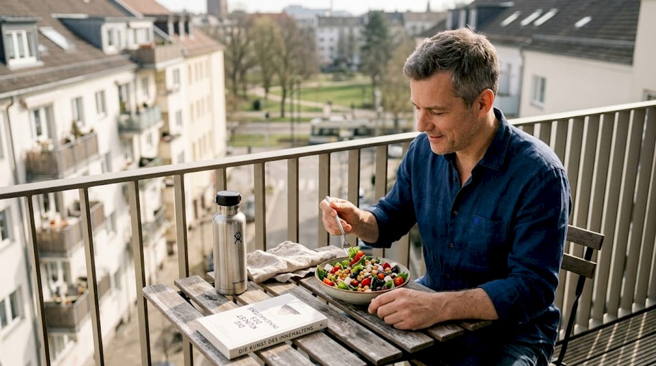 Ein Mann lässt sich auf dem Balkon mediterrische Köstlichkeiten schmecken.