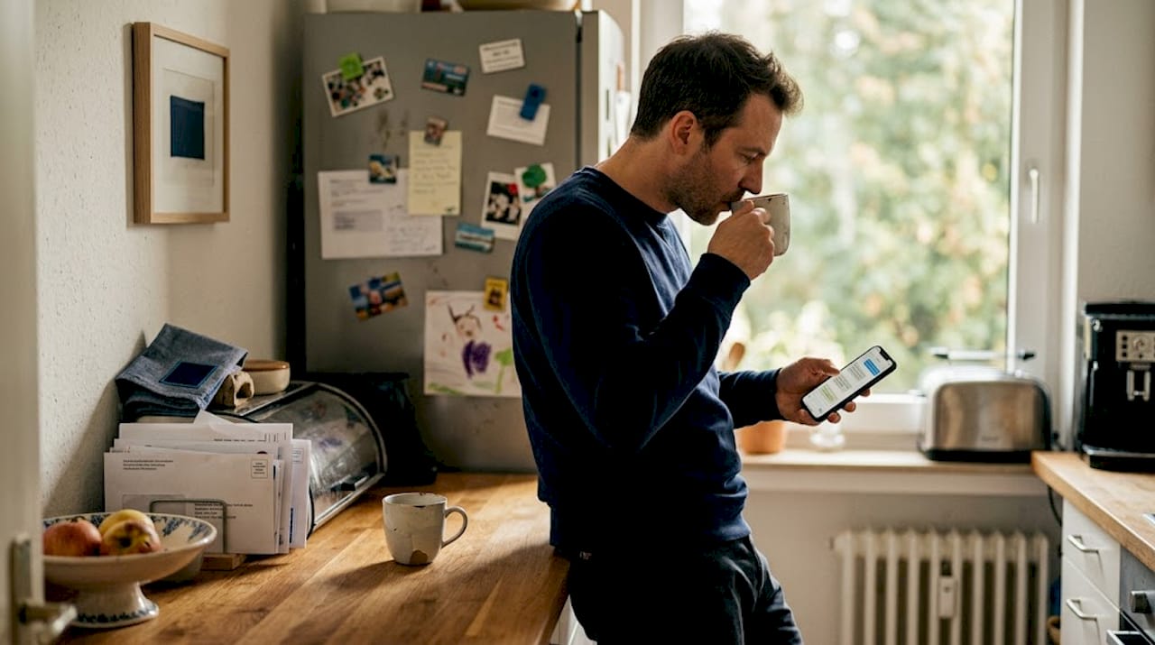 Ein Mann versucht, den alltäglichen Küchenstress unter einen Hut zu bringen.