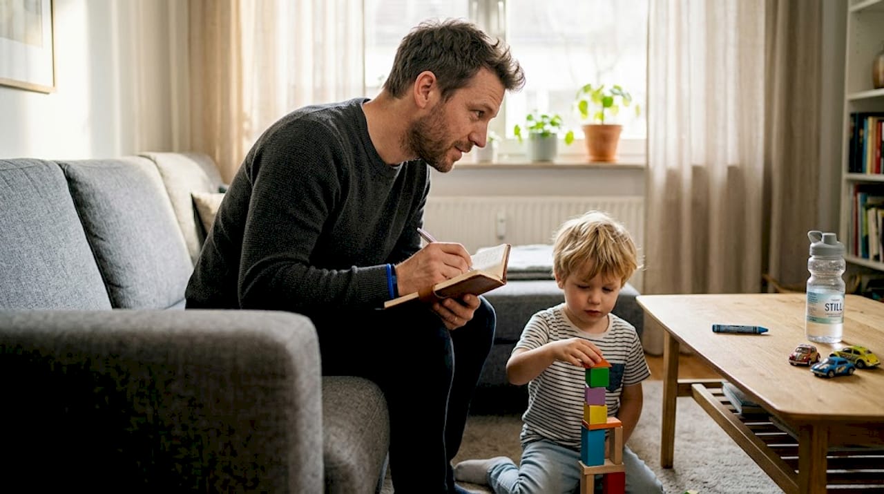 Während sein Sohn in der Nähe spielt, macht der Vater sich Notizen.