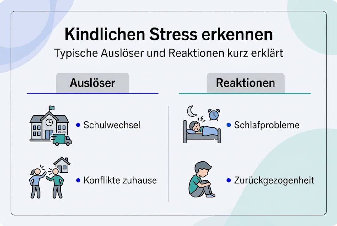 Grafik veranschaulicht, welche Faktoren bei Kindern Stress auslösen und wie sie darauf reagieren.