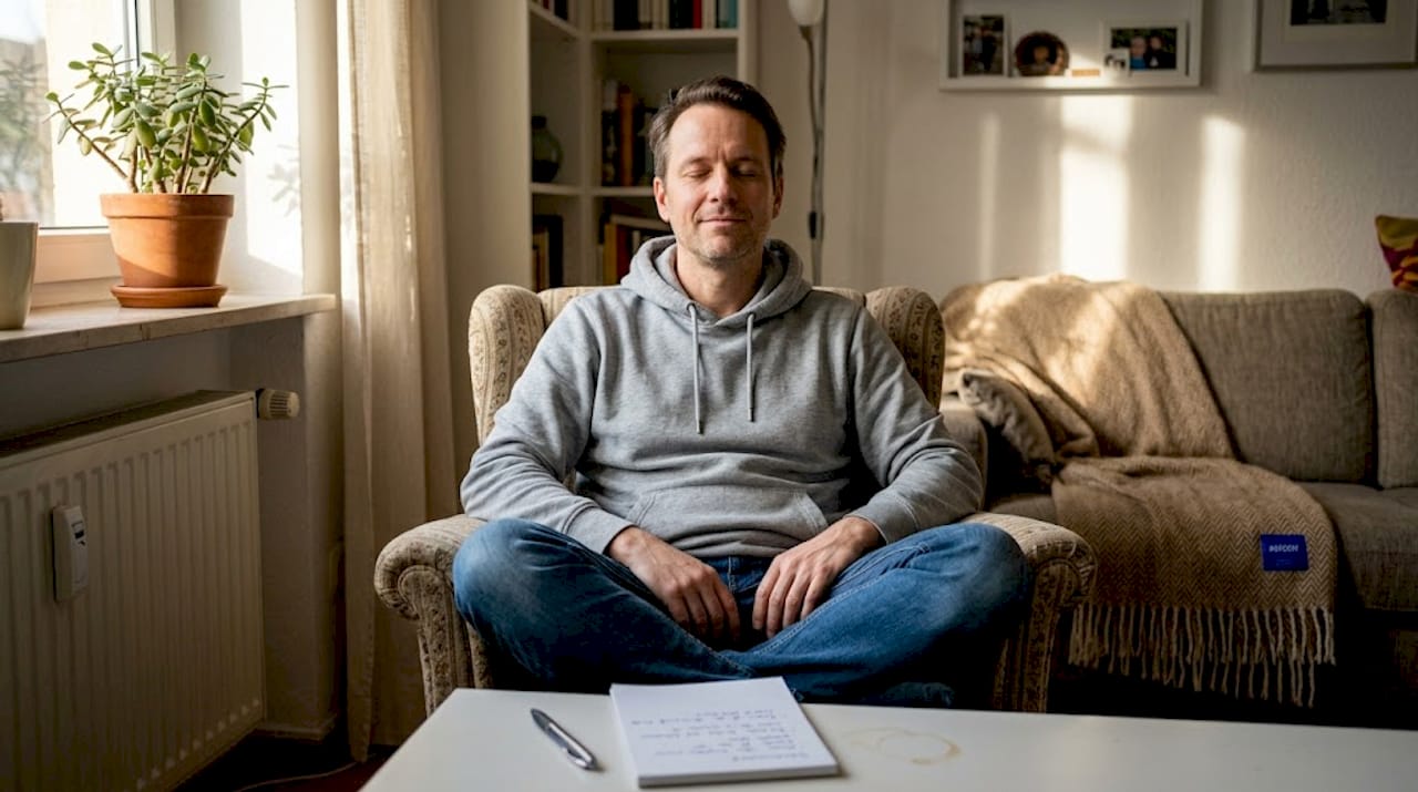 Jemand nimmt sich zu Hause bewusst Zeit für Entspannungsübungen.