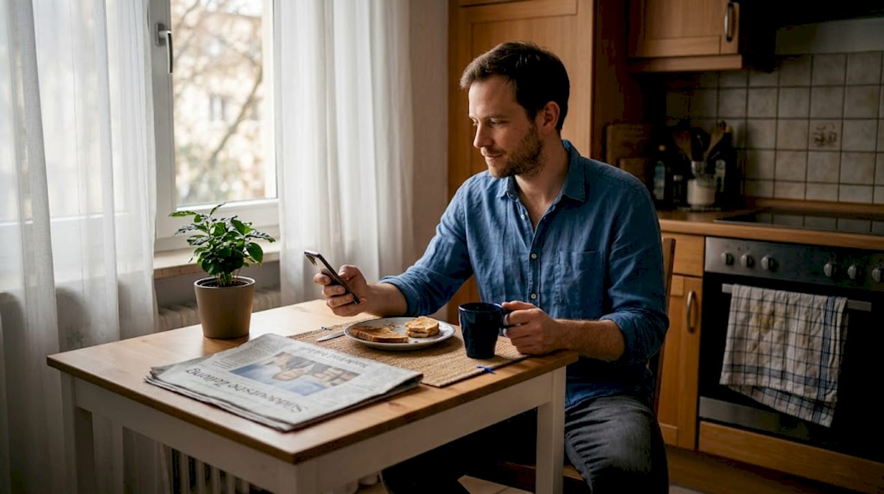 Ein Mann sitzt nachdenklich am Küchentisch.