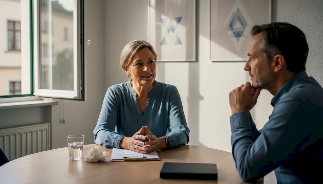 Ein Gespräch zur Beratung zwischen zwei Kollegen im Büroalltag.