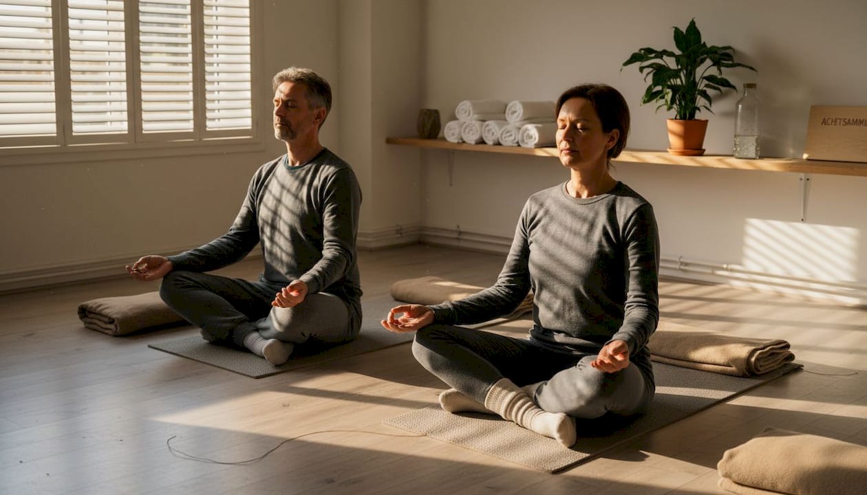 Menschen kommen im Yogastudio zur Ruhe und meditieren gemeinsam.