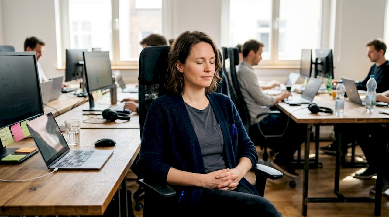 Eine Frau sitzt an ihrem Schreibtisch und nimmt sich bewusst einen Moment für Achtsamkeit.