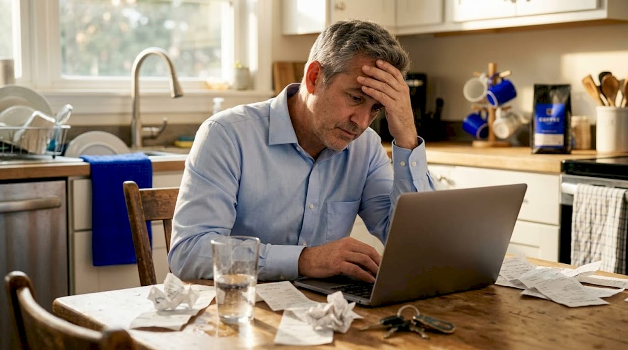 Ein Mann sitzt am Küchentisch und lässt den Alltagsstress deutlich erkennen.