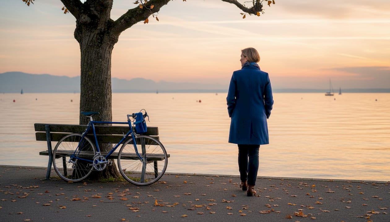 Eine Frau spaziert am Ufer des Bodensees entlang und genießt die Abendstimmung, während die Sonne langsam hinter den Bergen versinkt.