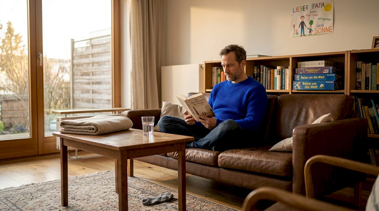 Ein Elternteil macht es sich mit einem guten Buch im Wohnzimmer gemütlich.