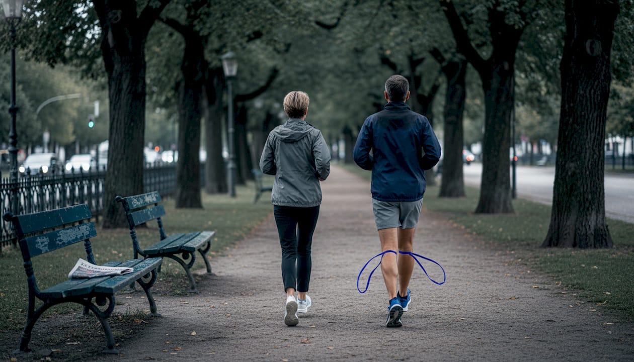 Ein Paar dreht gemeinsam im Stadtpark seine Joggingrunde, um fit und gesund zu bleiben.