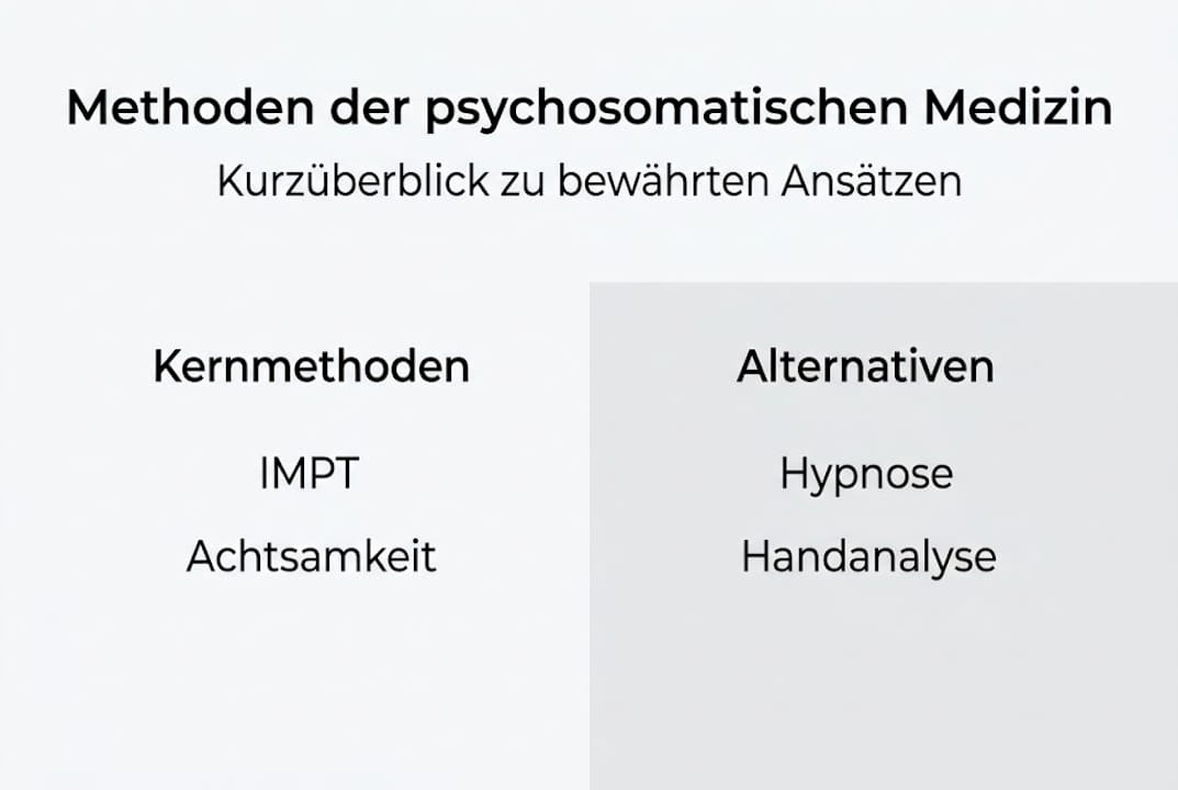 Die Infografik gibt einen Überblick über verschiedene Ansätze und Methoden der psychosomatischen Medizin.